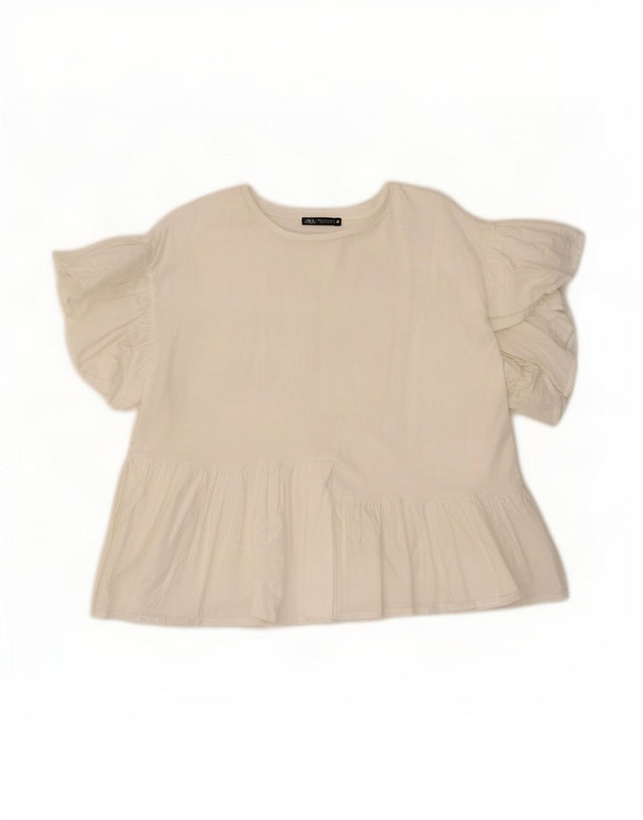 Zara Dame Bluse Top UK 14 Medium Hvid Bomuld