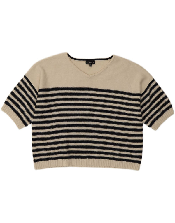 Topshop Dame Kortærmet V-hals Jumper Sweater UK 8 Lille Hvid Stribet