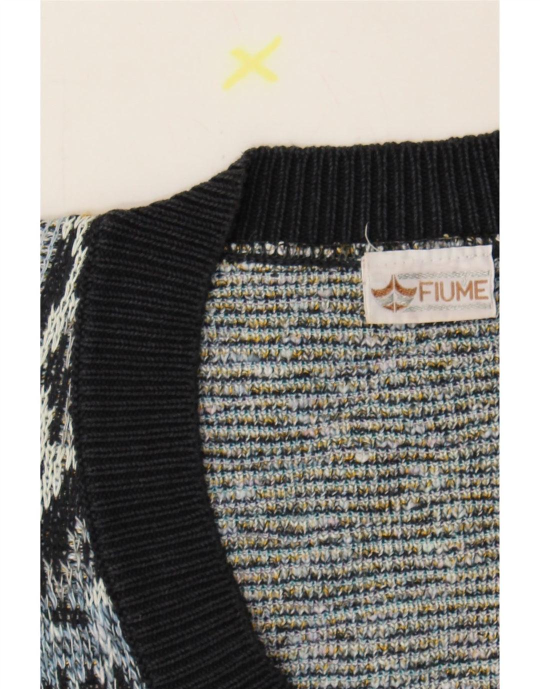 FIUME Mens Abstract Pattern V-Neck Jumper Sweater IT 52 Large Navy Blue Vintage Fiume and Second-Hand Fiume from Messina Hembry 