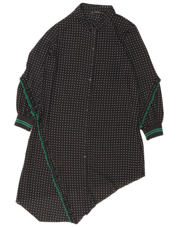 Zara Dame Langærmet Skjortekjole UK 14 Medium Black Spotted Modern