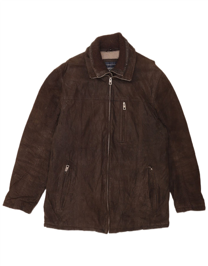 Angelo Litrico Herre Læder Windbreaker Coat UK 42 XL Sort Klassisk