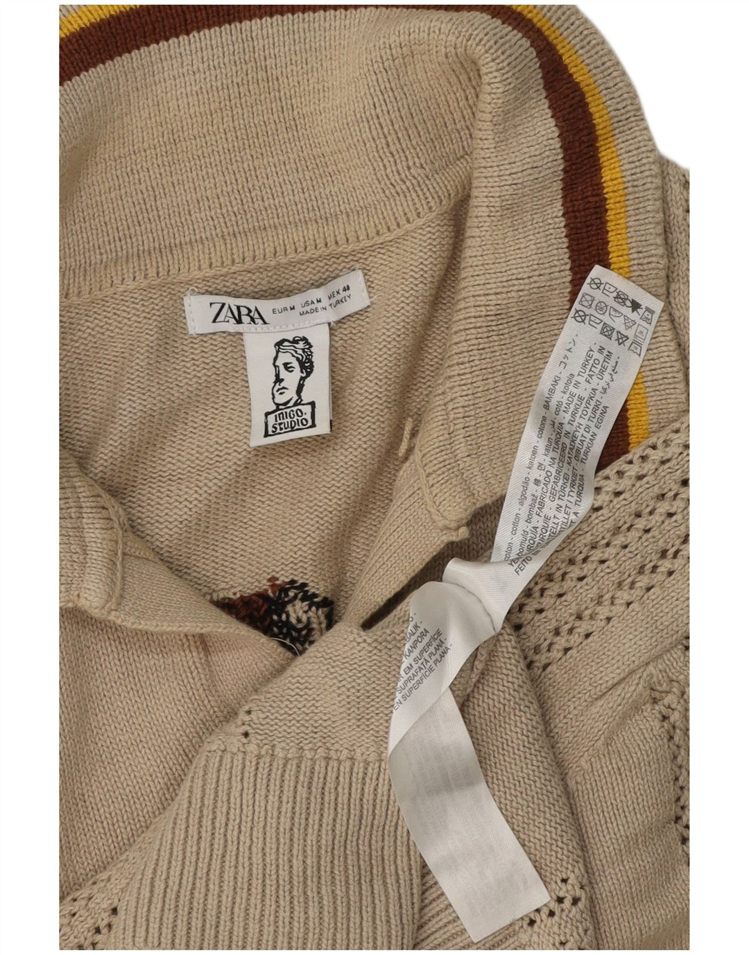 Zara Herre Inigo Studio Graphic Polo Neck Jumper Sweater Medium Beige
