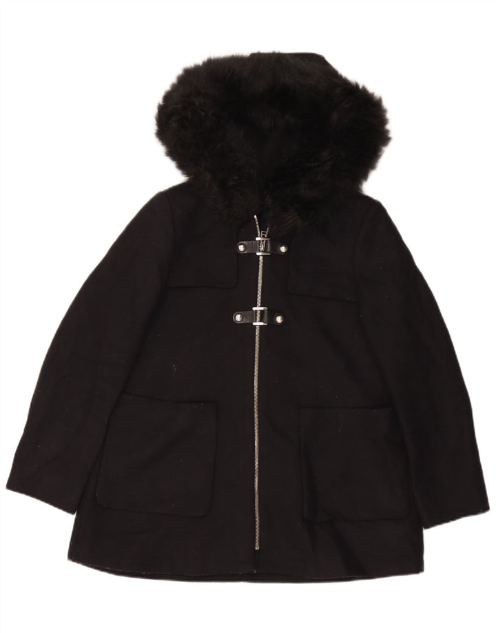 Zara Dame Hætte Oversized Overfrakke UK 10 Small Black Wool