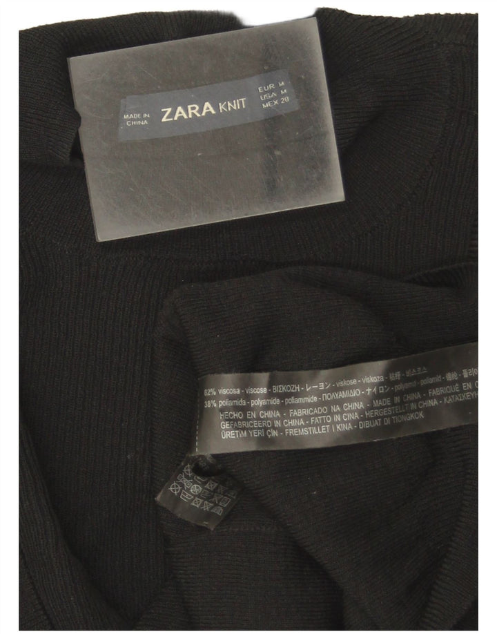 Zara Dame Flæse Front Crew Neck Jumper Sweater UK 12 Medium Black