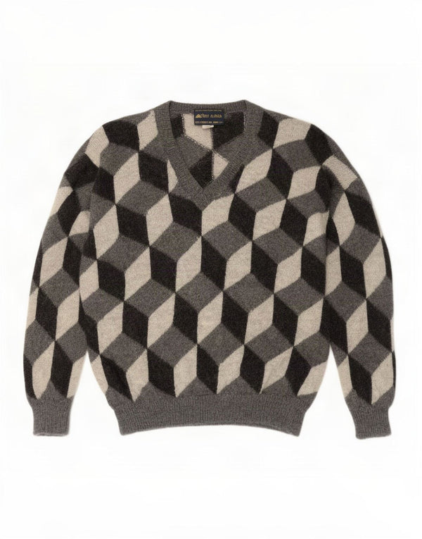 Vintage herre V-hals sweater XL Grå Geometrisk Alpaca uld
