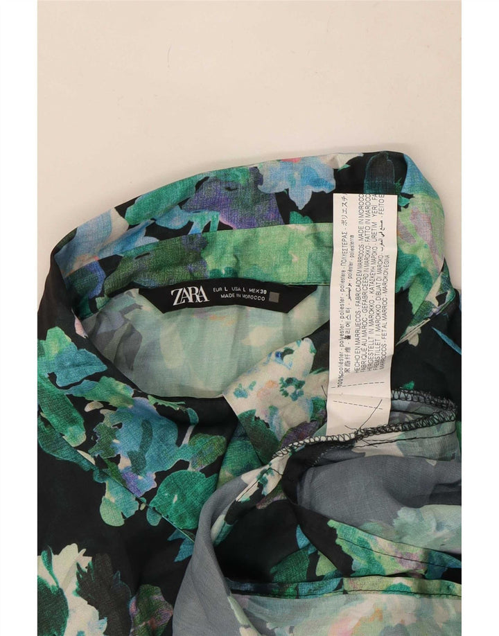 Zara Dame Oversized Shirt Bluse UK 16 Large Green Floral Polyester