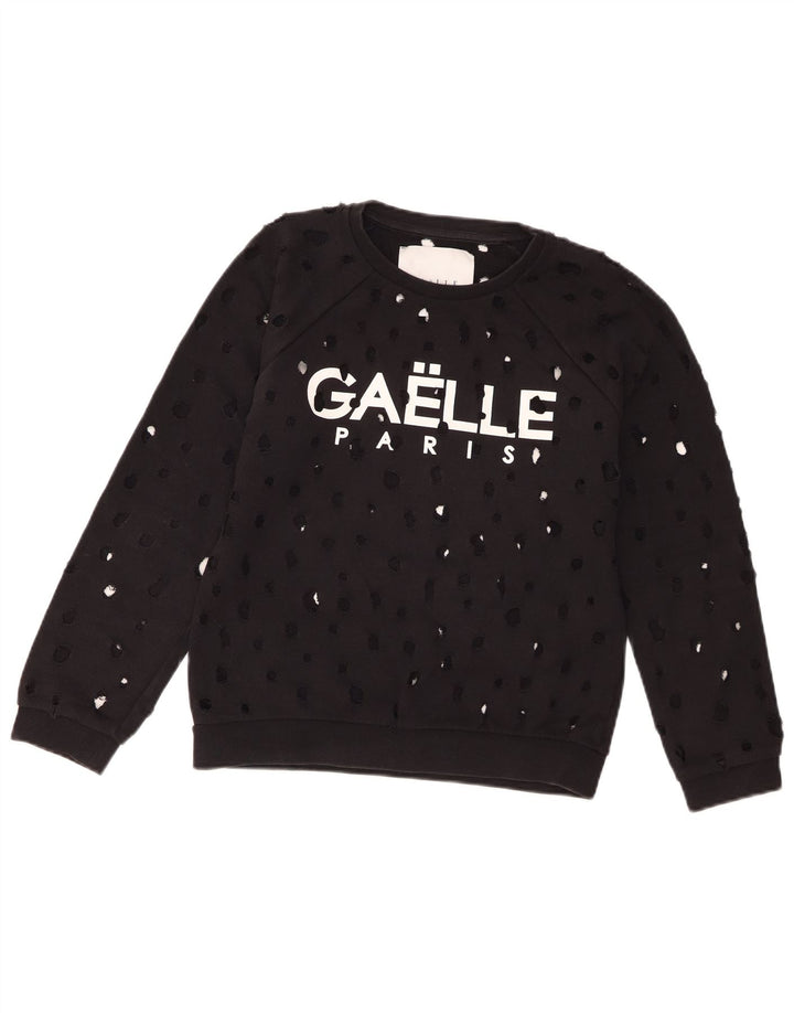 Gaelle Womens Distressed Graphic Sweatshirt Jumper UK 14 Large Black Bomuld