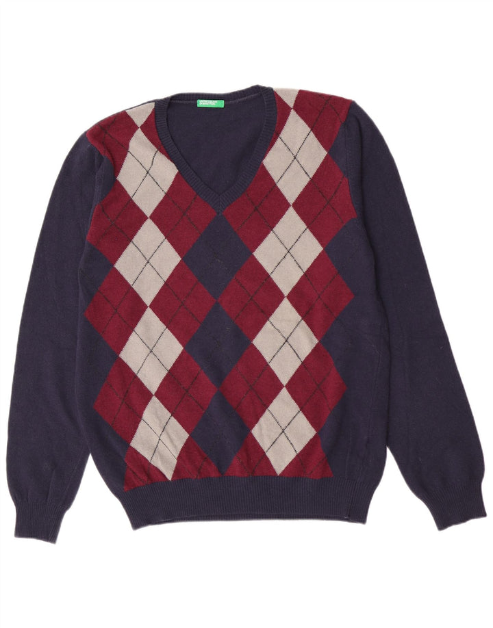 Benetton Herre V-hals trøje Sweater Large Navy Blue Argyle/Diamond Wool