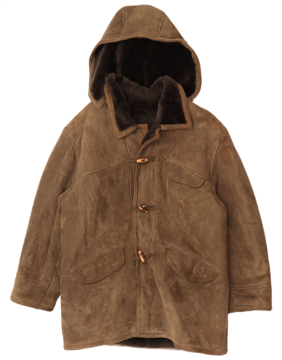 Vintage Herre Hooded Shearling Coat IT 54 2XL Khaki