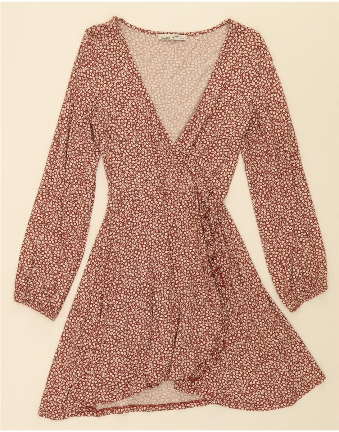 PULL & BEAR Womens Long Sleeve A-Line Dress UK 8 Small Burgundy Floral Vintage Pull & Bear and Second-Hand Pull & Bear from Messina Hembry 