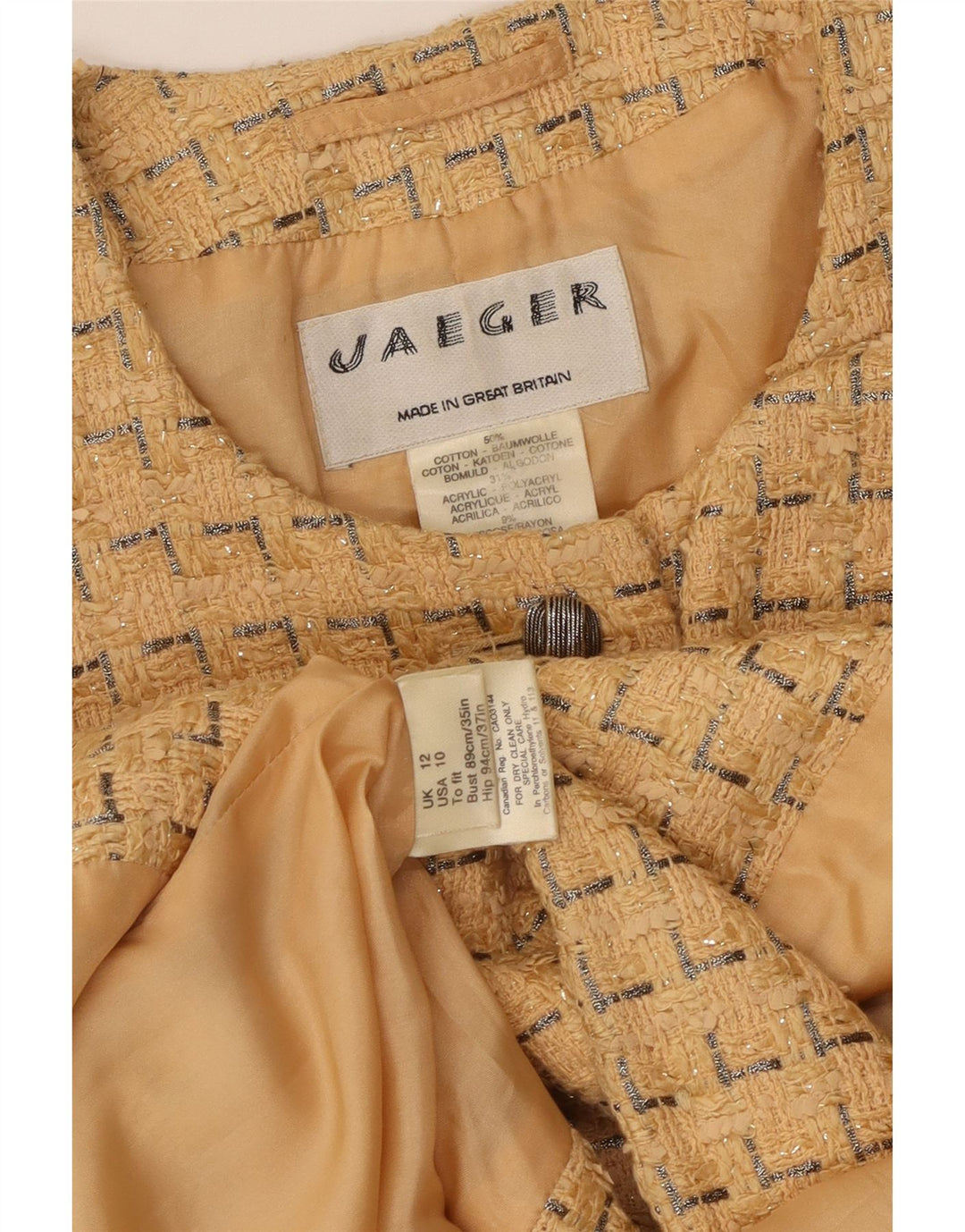 Jaeger Dame 5 Button Blazer Jacket UK 12 Medium Gul Geometrisk Bomuld