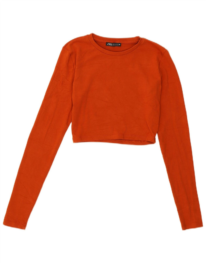 Zara Dame Crop Top Langærmet UK 12 Medium Brun Bomuld