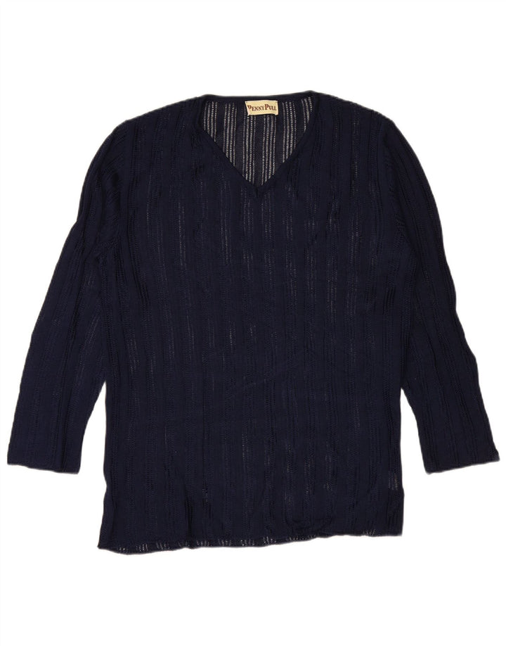 PENNY PULL Womens See Through V-Neck Jumper Sweater UK 14 Medium Navy Blue