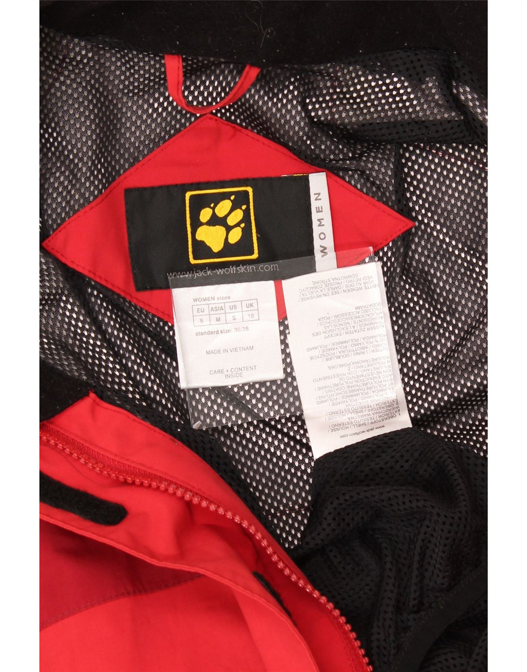 JACK WOLFSKIN Womens Hooded Rain Jacket UK 10 Small  Red Colourblock Vintage Jack Wolfskin and Second-Hand Jack Wolfskin from Messina Hembry 