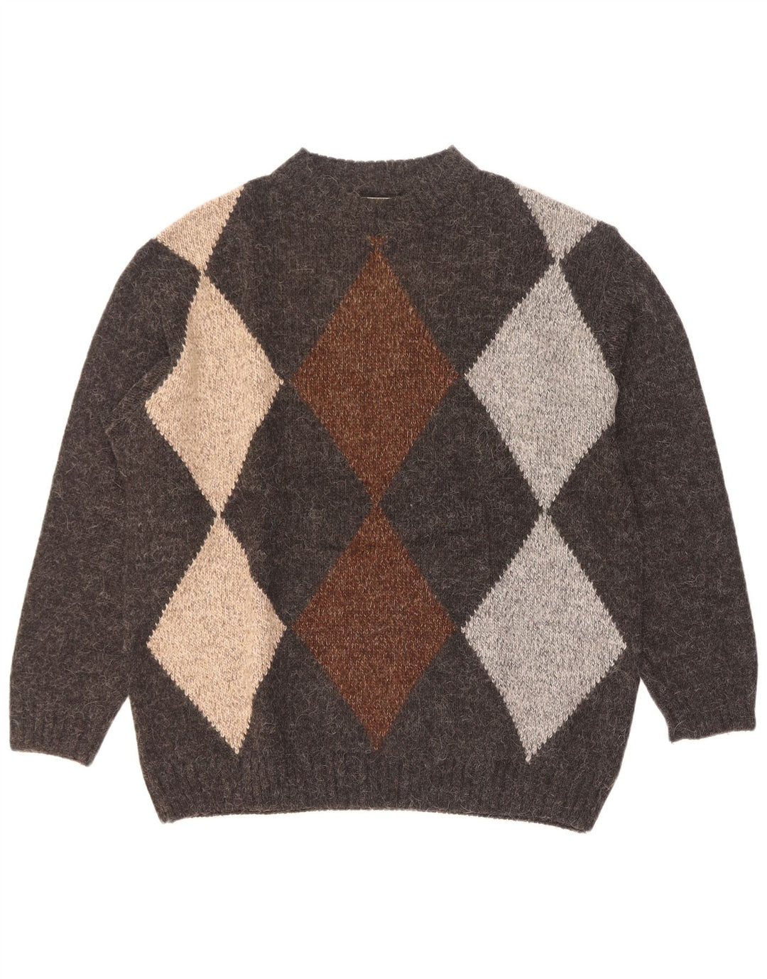 Vintage herre rund hals sweater stor grå Argyle/diamant akryl