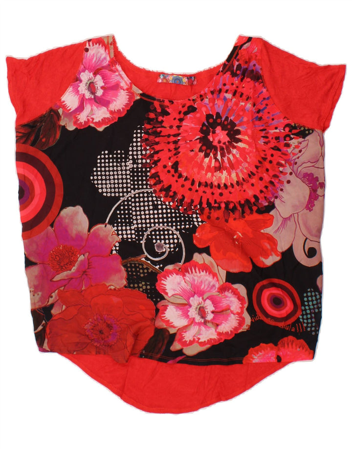 DESIGUAL Womens Tunic Top UK 14 Medium Red Floral Vintage Desigual and Second-Hand Desigual from Messina Hembry 
