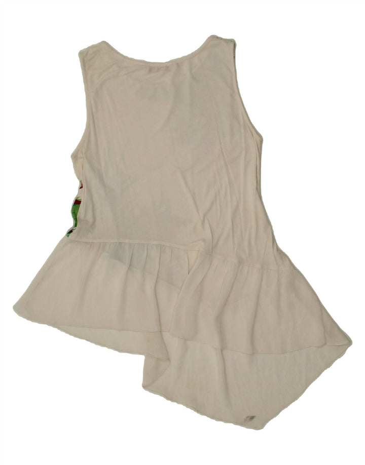 DESIGUAL Womens Asymmetric Tunic Top UK 12 Medium White Floral Cotton Vintage Desigual and Second-Hand Desigual from Messina Hembry 