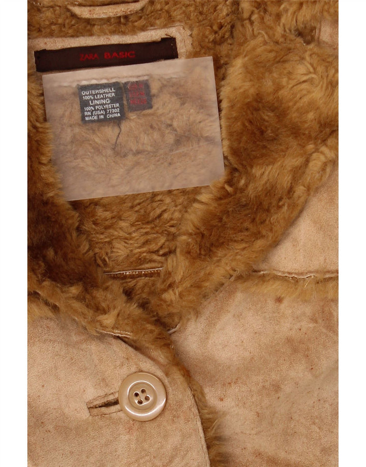 Zara Dame Shearling Jacket UK 14 Medium Beige Læder