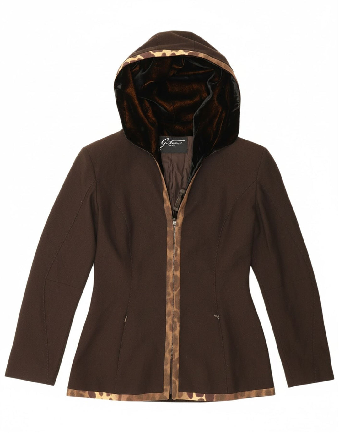 GATTINONI Womens Hooded Blazer Jacket IT 42 Medium Brown Animal Print
