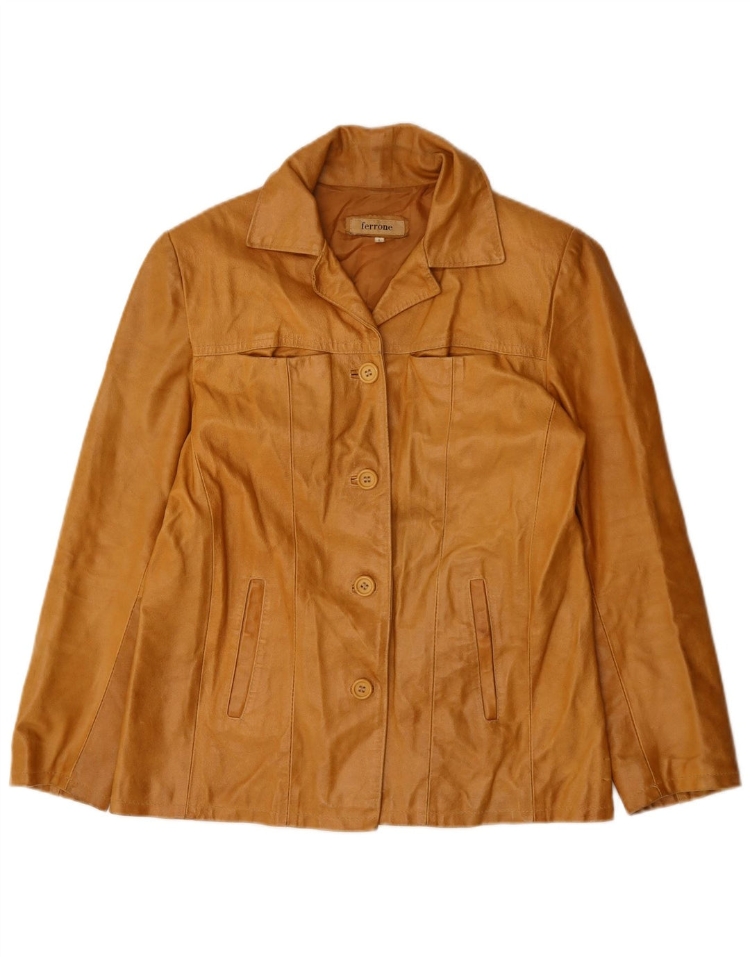 FERRONE Dame Læderjakke UK 16 Stor Brun Læder