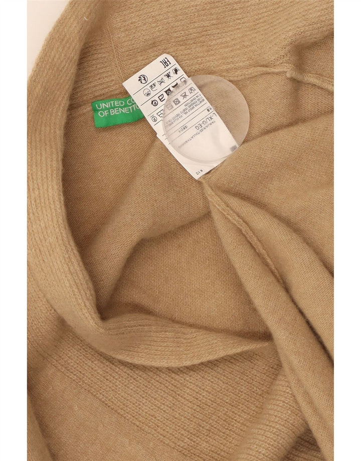 Benetton Dame Longline Åben Cardigan Sweater UK 16 Stor Beige Uld