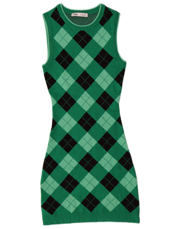 Zara Womens Knit Sleeveless Bodycon Dress UK 8 Small Green Argyle/Diamond