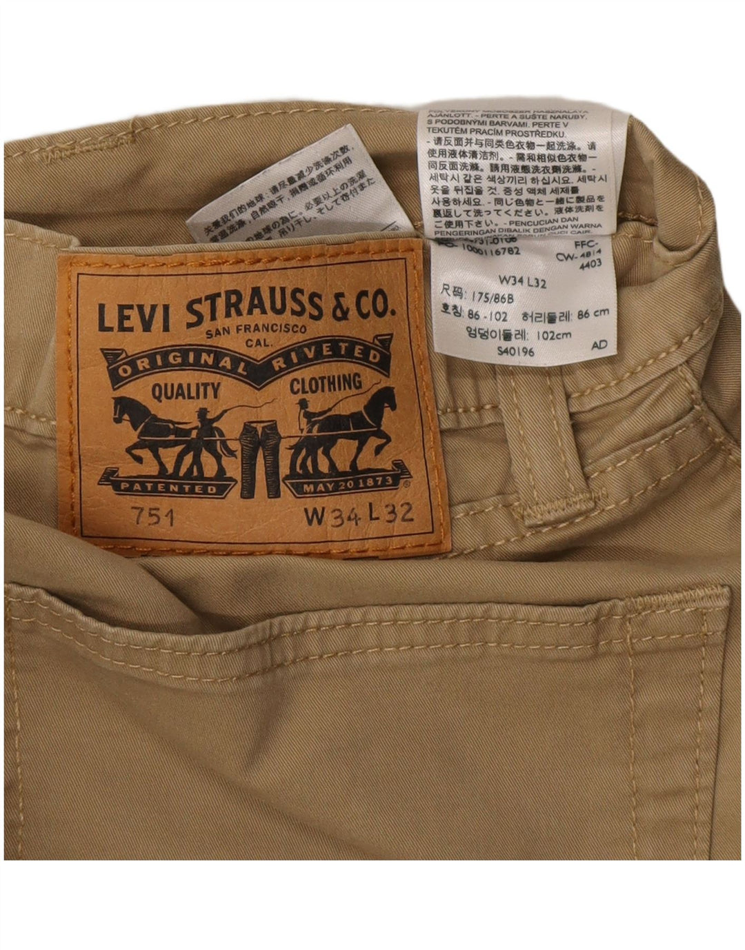 LEVI'S Herre 751 lige chinosbukser W34 L28 Beige bomuld