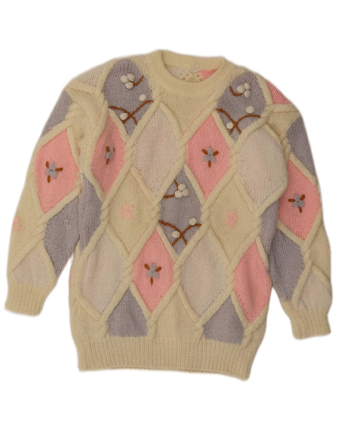 Vintage dame sweater med rund hals DK 14 Medium Beige Argyle/Diamond