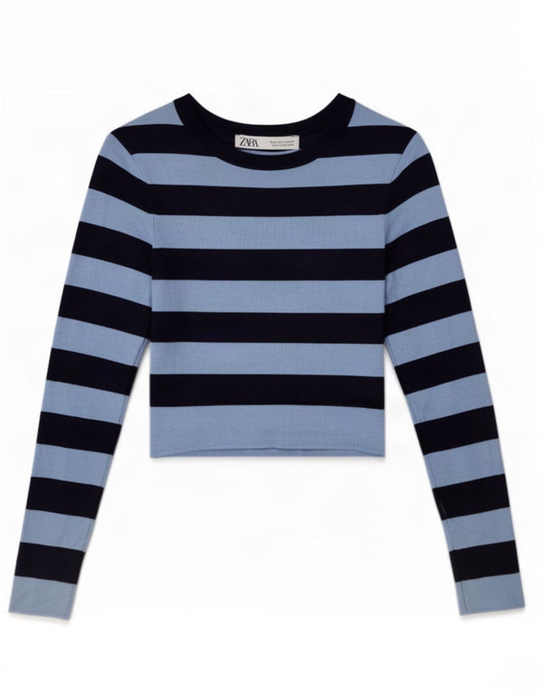 Zara Womens Crop Top Langærmet UK 12 Mellem marineblå stribet