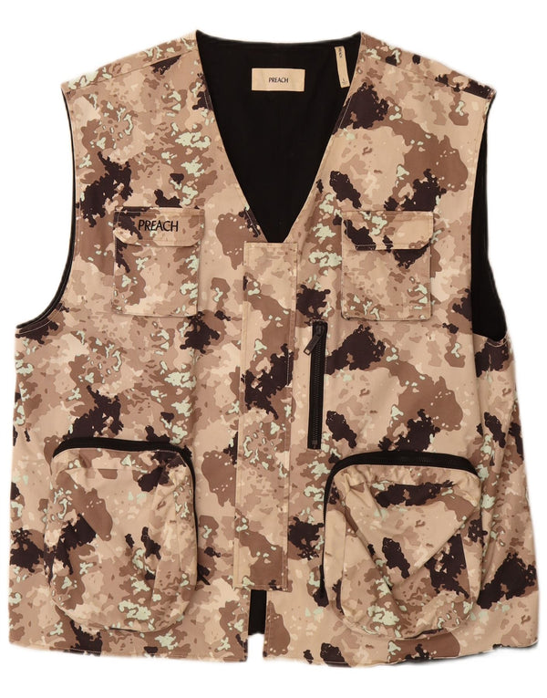 VINTAGE Herre Utility Gilet UK 40 Large Beige Camouflage Cotton