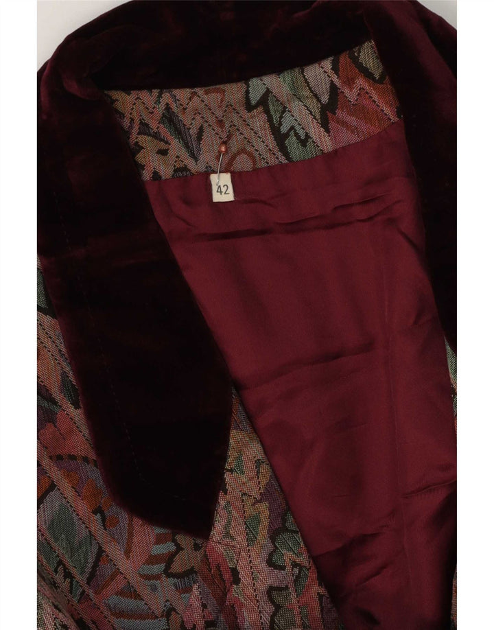 Vintage kvinders abstrakt mønster 2-knaps blazerjakke EU 42 Large Burgundy