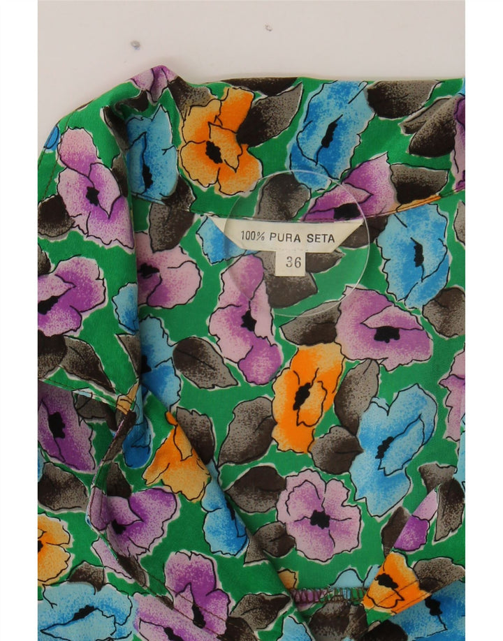VINTAGE skjortebluse til kvinder EU 36 Lille flerfarvet blomstersilke