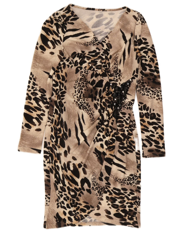 Vintage Dame Langærmet Skede Kjole UK 12 Medium Brown Animal Print