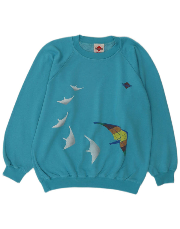 Vintage Dame Grafisk Sweatshirt Jumper UK 14 Medium Blue Bomuld