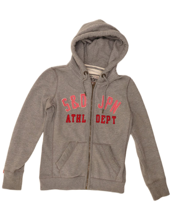 Superdry hættetrøje til kvinder med grafisk lynlås UK 12 mellemgrå bomuld