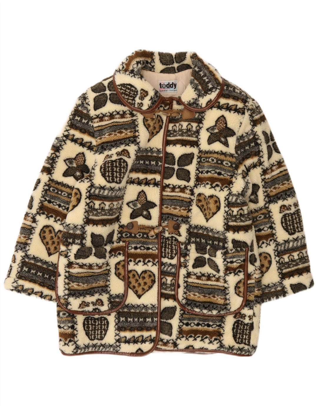 Vintage Kvinders grafisk fleece Duffle Coat UK 14 Large Beige Patchwork