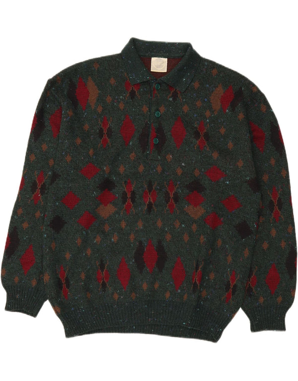 LINEA Herre Polo Neck Jumper Sweater IT 50 Medium Green Argyle/Diamond