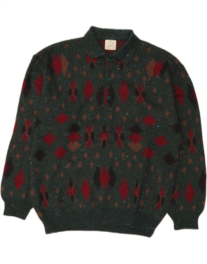 LINEA Herre Polo Neck Jumper Sweater IT 50 Medium Green Argyle/Diamond