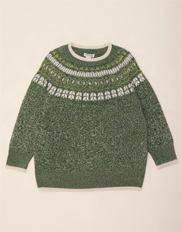Vintage Dame Boat Neck Jumper Sweater UK 22 3XL Green Fair Isle Akryl