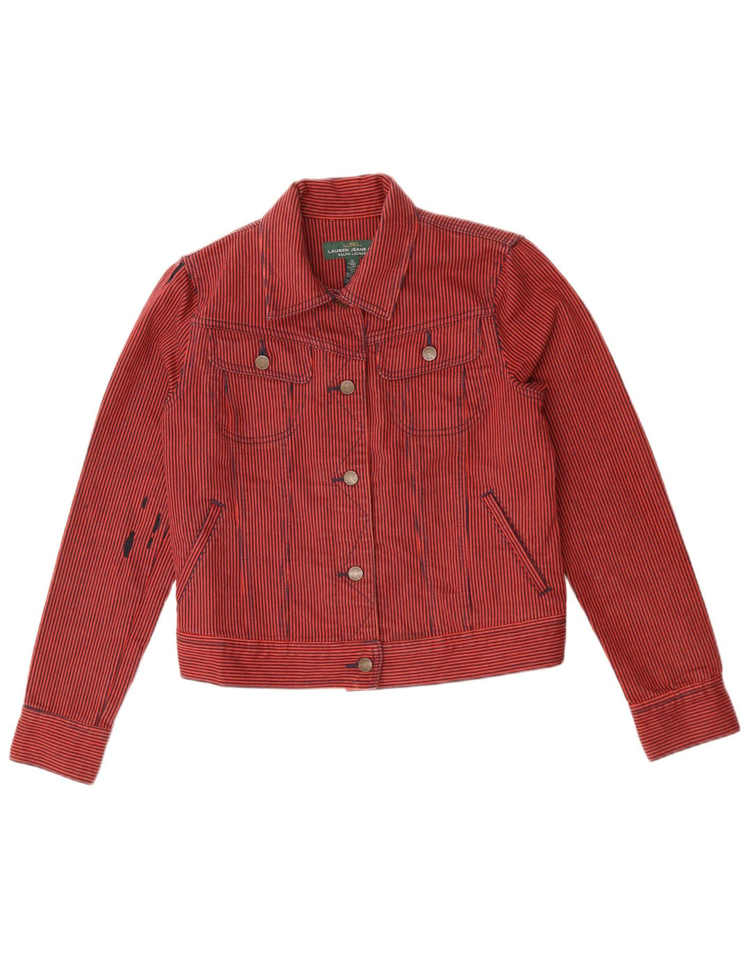 RALPH LAUREN Dame Crop Denim Jacket UK 14 Medium Rød Nålestribet Bomuld