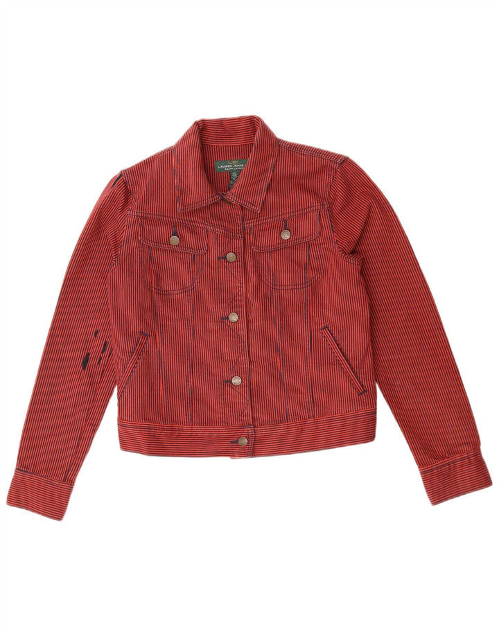 RALPH LAUREN Dame Crop Denim Jacket UK 14 Medium Rød Nålestribet Bomuld