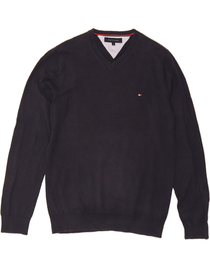 TOMMY HILFIGER Mens V-Neck Jumper Sweater Medium Navy Blue Cotton Vintage Tommy Hilfiger and Second-Hand Tommy Hilfiger from Messina Hembry 