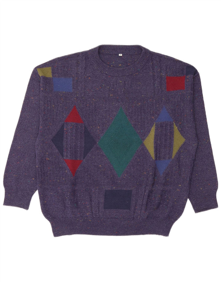 Vintage sweater med rund hals til mænd Medium marineblå geometrisk uld