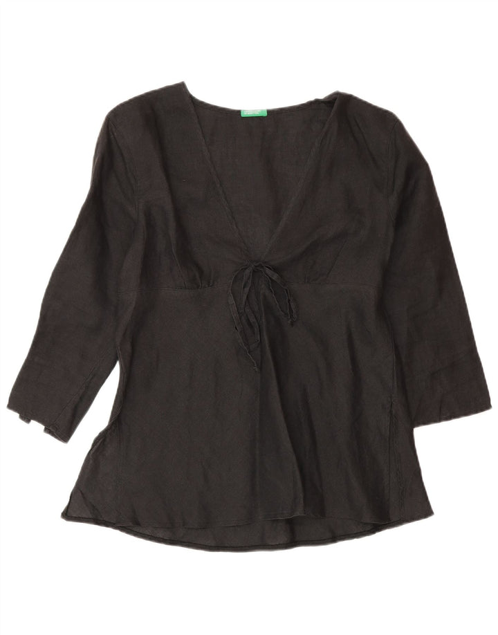 Benetton Dame 3/4 ærmet bluse Top UK 10 Small Black Linen