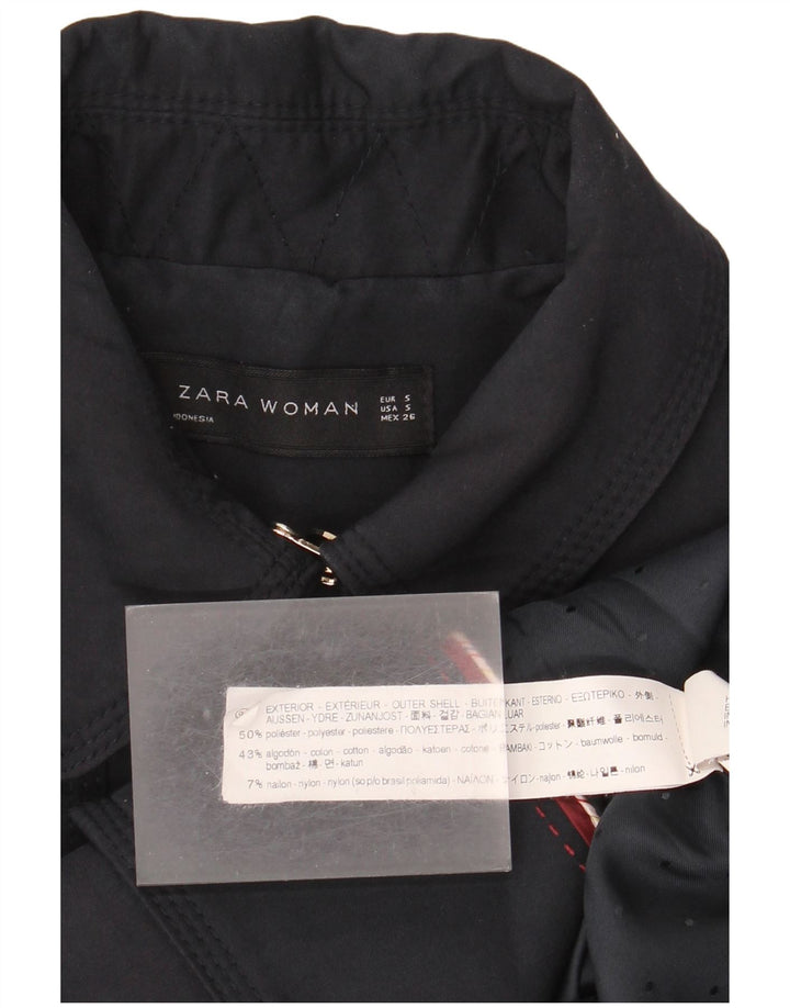 Zara Dame Dobbeltradet Trench Coat UK 10 Small Navy Blue Polyester