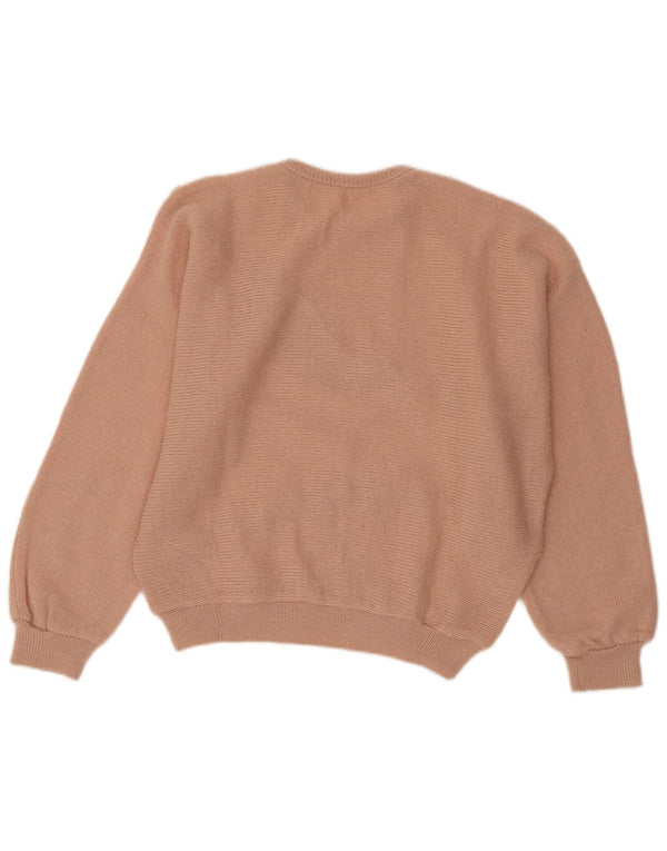 Vintage kvinders grafisk rund hals sweater UK 14 Medium Pink akryl