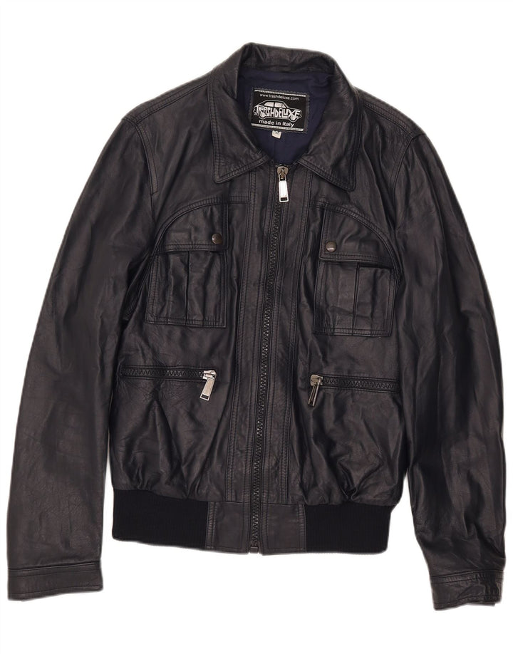 Vintage Herre Bomber Læderjakke UK 38 Medium Navy Blue Læder