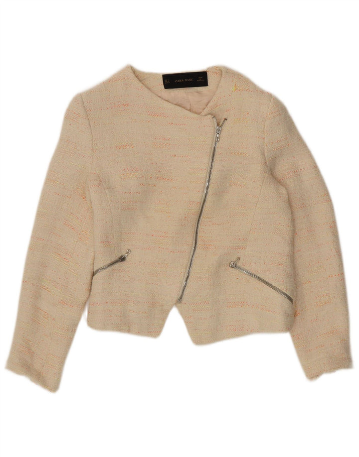 Zara Dame Crop Blazer Jacket UK 12 Medium Beige Flecked Bomuld