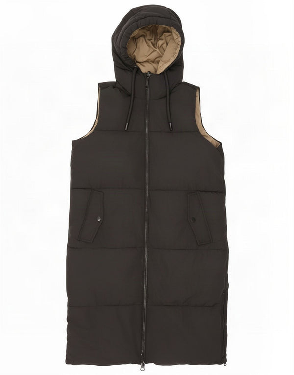 Zara Womens Longline Hooded Vendbar Polstret Gilet UK 6 XS Black