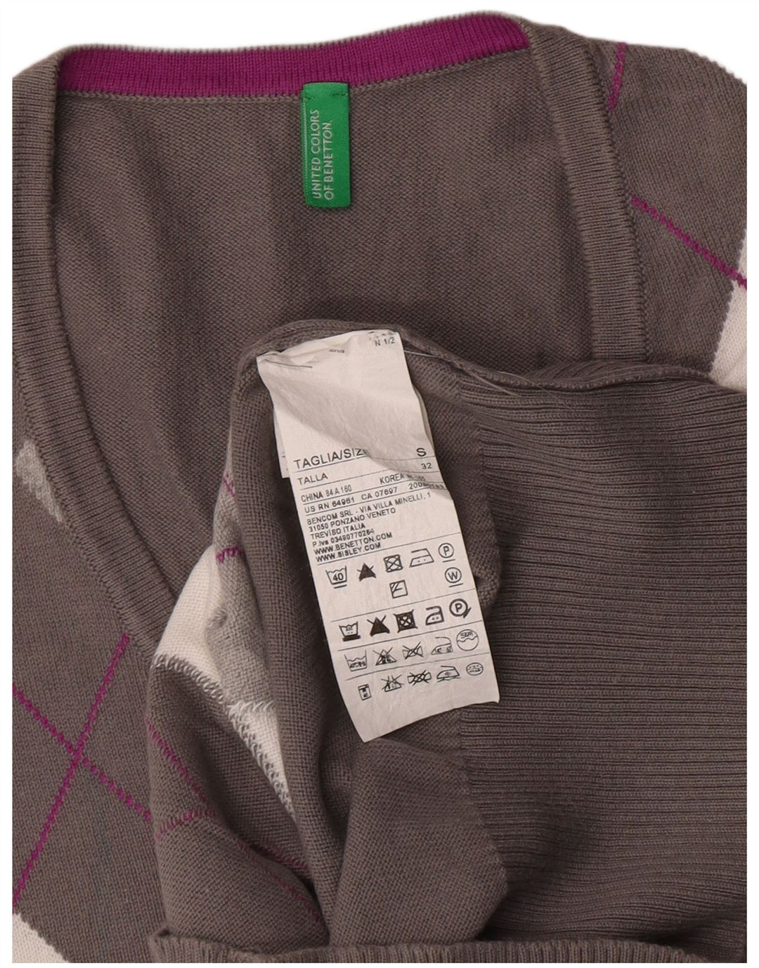 Benetton Dame V-hals sweater UK 10 Small Grey Argyle/Diamond